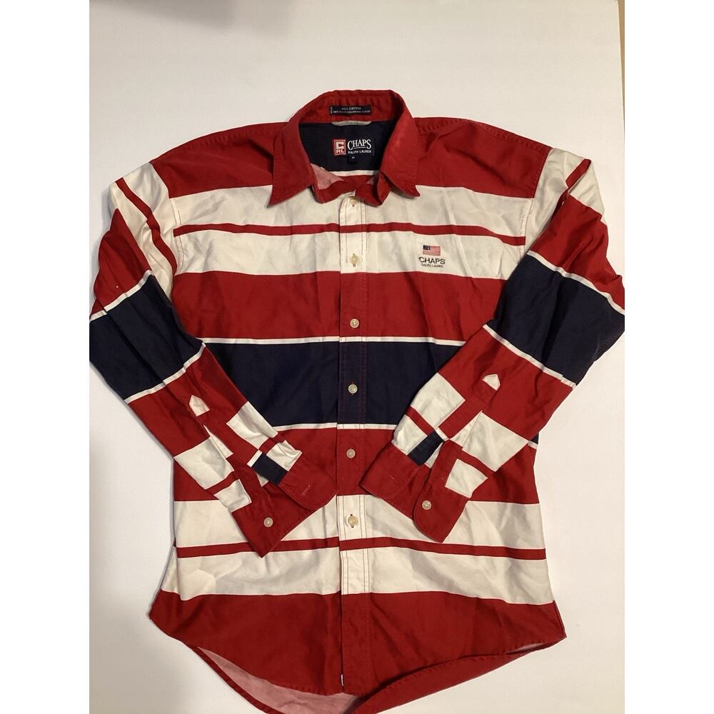 Vintage Chaps Ralph Lauren Button Down Size Medium Striped Red Blue